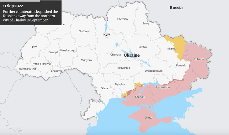 Đồ họa các khu vực Nga kiểm soát (màu hồng) trên lãnh thổ Ukraine ngày 11-9-2022. Ukraine đã đẩy lực lượng Nga khỏi 5 vùng Chernihiv, Kyiv, Sumy, Zhytomyr and Mykolaiv, và cũng lấy lại Kharkov - Ảnh: Guardian