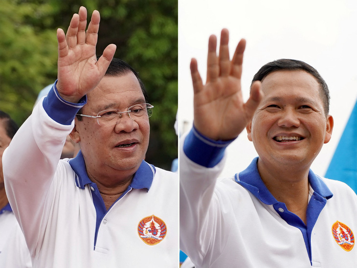 Thủ tướng Hun Sen và con trai Hun Manet trong lúc đi tranh cử - Ảnh: Reuters