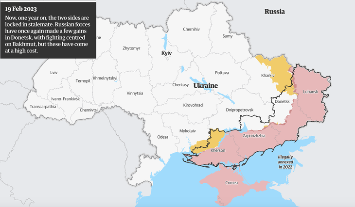 Đồ họa các khu vực Nga kiểm soát (màu hồng) trên lãnh thổ Ukraine ngày 19-2-2023. Ukraine tái kiểm soát thêm một phần ở Donetsk, đồng thời đẩy Nga khỏi phần phía tây của Kherson - Ảnh: Guardian