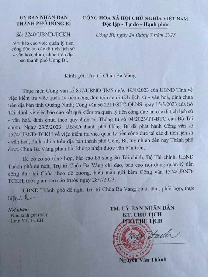 Văn bản của UBND TP Uông Bí ngày 24-7 đề nghị chùa Ba Vàng báo cáo bổ sung