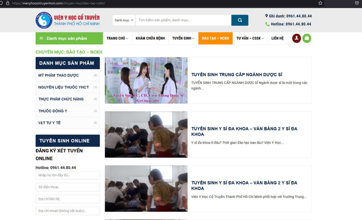 Kẻ xấu giả mạo trang web "Viện Y học cổ truyền TP.HCM" để tuyển sinh, đào tạo y học cổ truyền - Ảnh: Viện Y dược học dân tộc TP.HCM cung cấp