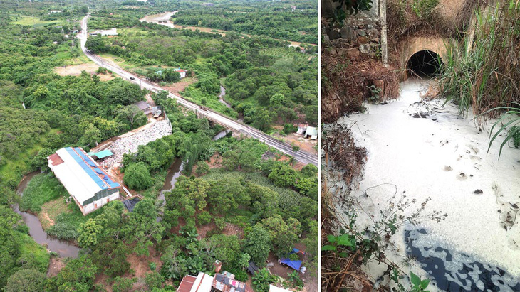 Cơ sở tái chế nhựa của ông Nguyễn Đức Cường được bọc bởi một con suối dẫn thẳng ra sông Sêrêpốk - Ảnh: TRUNG TÂN