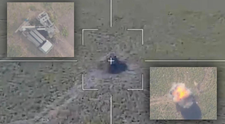 Hình ảnh chụp lại từ video cảnh hệ thống phòng không Skyguard-Aspide bị drone Lancet của Nga phá hủy - Ảnh: THE WAR ZONE