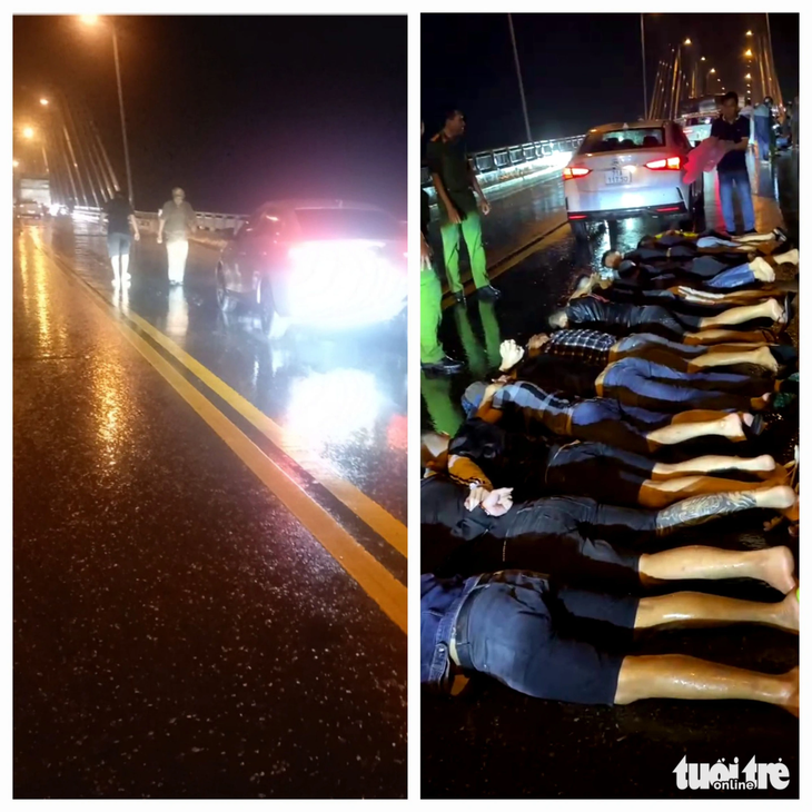 Lực lượng công an đã chặn dừng bắt giữ 31 thanh niên trên cầu Rạch Miễu - Ảnh: A.X.