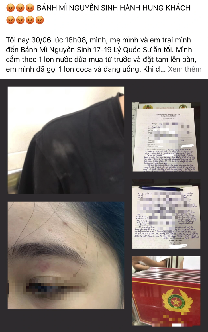 Bài viết tố cáo nhân viên quán bánh mì Nguyên Sinh hành hung khách được đăng trên Facebook - Ảnh chụp màn hình