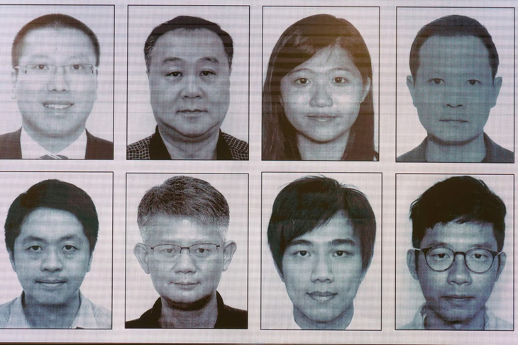 Tám nghi phạm mà cảnh sát Hong Kong nhắm tới (theo chiều kim đồng hồ từ trên cùng bên trái) bao gồm Kevin Yam, Elmer Yuan, Anna Kwok, Dennis Kwok, Nathan Law, Finn Lau, Mung Siu-tat và Ted Hui - Ảnh: SCMP