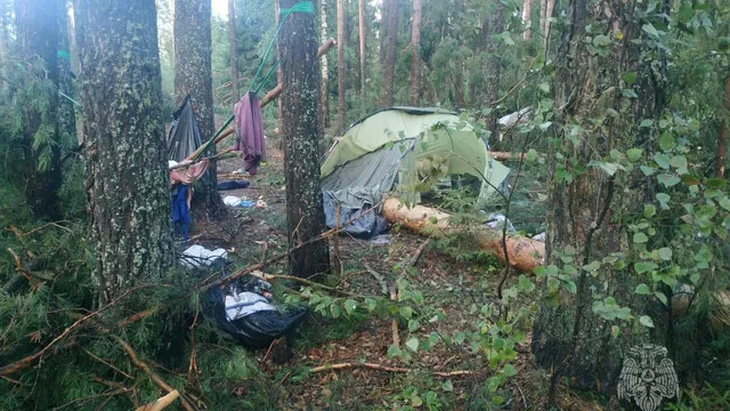 Nhiều cây lớn bị quật ngã và đè lên lều trại của những gia đình đang nghỉ dưỡng tại khu cắm trại ở Yalchik, Cộng hòa Mari El - Ảnh: RIA NOVOSTI