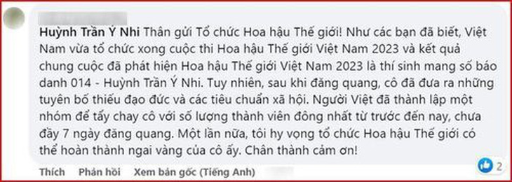 Fan Việt liên hệ trang chủ Miss World International đề nghị truất quyền dự thi quốc tế của người đẹp 