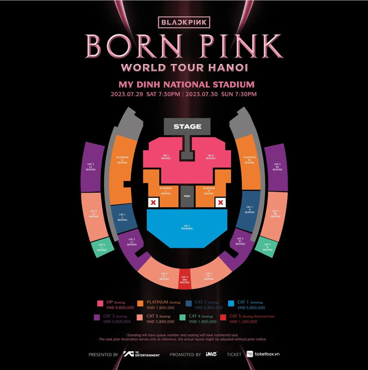 Sơ đồ và giá vé hai đêm diễn Born Pink tại Hà Nội ngày 29, 30-7 tới - Ảnh: BTC