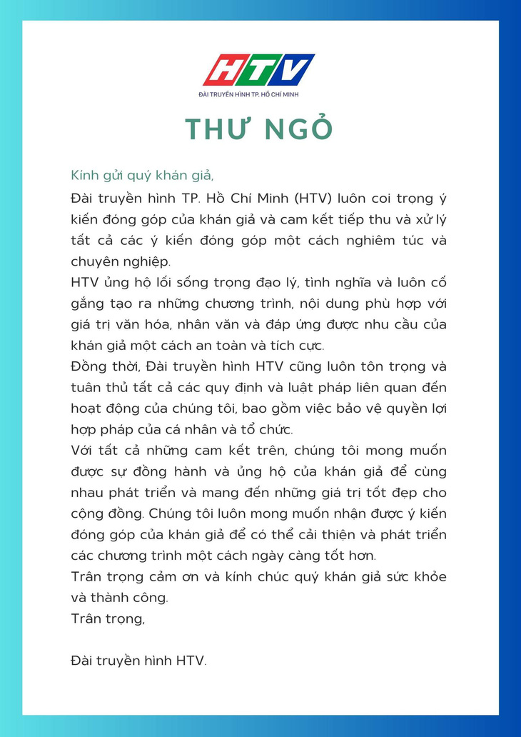 Bức thư ngỏ của HTV đăng trên trang fanpage HTV
