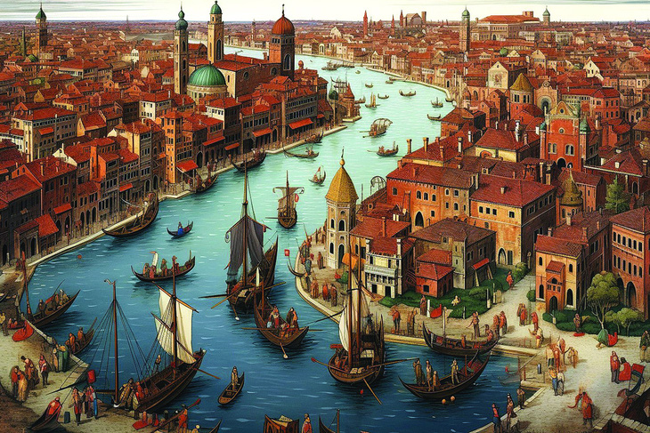 Venice thế kỷ 16 nhìn từ trên cao, tranh do Midjourney vẽ.