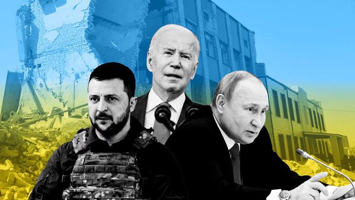 Ảnh ghép cho thấy Tổng thống Ukraine Volodymyr Zelensky (trái), Tổng thống Mỹ Joe Biden (giữa) và Tổng thống Nga Vladimir Putin - Ảnh: FINANCIAL TIMES