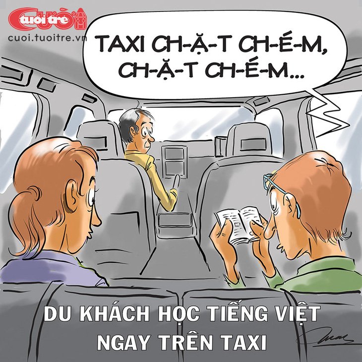 Khách Tây học tiếng Việt ngay trên taxi - Tranh: Đỗ Minh Tuấn
