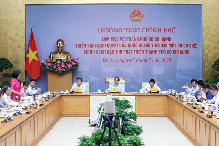 Thủ tướng Phạm Minh Chính chủ trì cuộc họp của Thường trực Chính phủ với TP.HCM triển khai nghị quyết của Quốc hội về thí điểm một số cơ chế, chính sách đặc thù phát triển TP.HCM - Ảnh: VGP