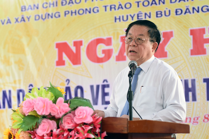 Trưởng Ban Tuyên giáo Trung ương Nguyễn Trọng Nghĩa phát biểu tại ngày hội Toàn dân bảo vệ an ninh Tổ quốc năm 2023 ở Bình Phước - Ảnh: A LỘC