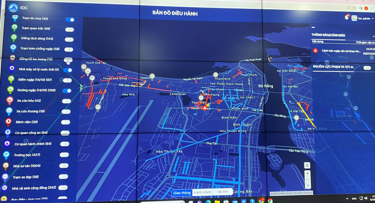 Bản đồ cảnh báo ngập ở các tuyến giao thông trong thành phố được Trung tâm IOC giám sát, phân tích - Ảnh: STT-TT