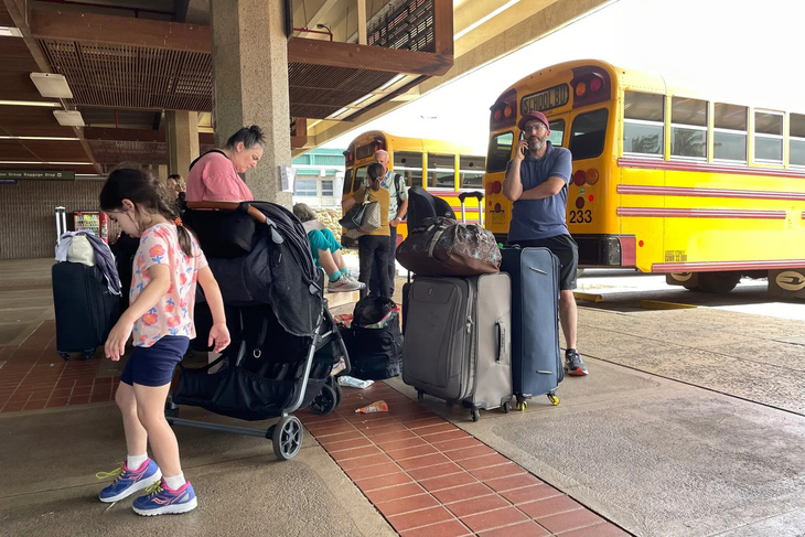 Xe buýt của các trường học được trưng dụng làm phương tiện trung chuyển du khách từ các trạm trú ẩn ra sân bay - Ảnh: NEW YORK TIMES