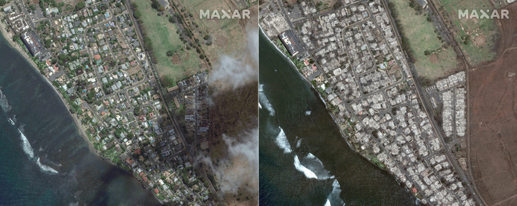 Ảnh chụp vệ tinh thành phố Lahaina trước (trái) và sau (phải) bị tàn phá bởi trận cháy rừng - Ảnh: AFP