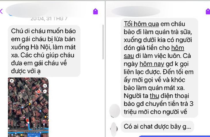 Tin nhắn gửi đến fanpage Công an tỉnh Lai Châu (Phòng Tham mưu) báo về trường hợp thiếu nữ bị lừa đi làm việc tại quán massage