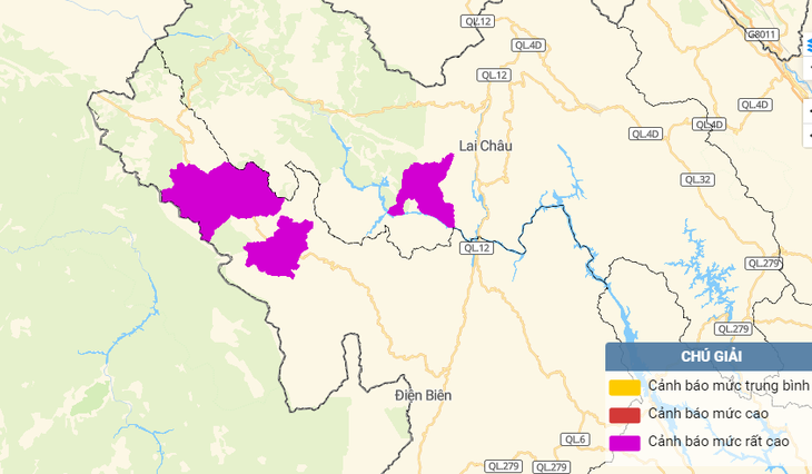 Bản đồ cảnh báo khu vực có nguy cơ rất cao sạt lở, lũ quét ở Điện Biên và Lai Châu lúc 11h trưa nay - Ảnh: Tổng cục Khí tượng thủy văn