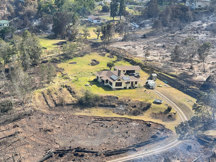 Một ngôi nhà còn nguyên vẹn một cách thần kỳ trong khi đám cháy đã thiêu rụi mặt đất xung quanh nó ở Hawaii - Ảnh: REUTERS