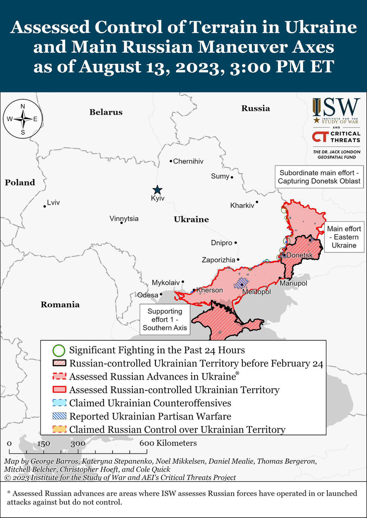 Tình hình chiến sự Nga - Ukraine tính tới ngày 13-8-2023. Trong đó, các khoanh tròn là nơi diễn ra giao tranh đáng kể trong 24 giờ (Significant fighting in the past 24 hours), các phần được tô đỏ là nơi các lực lượng Nga kiểm soát (Assessed Russian-controlled Ukrainian territory), ô màu xanh là nơi Ukraine tuyên bố phản công (Claimed Ukrainian counteroffensives)  - Đồ họa: Viện Nghiên cứu chiến tranh (ISW)