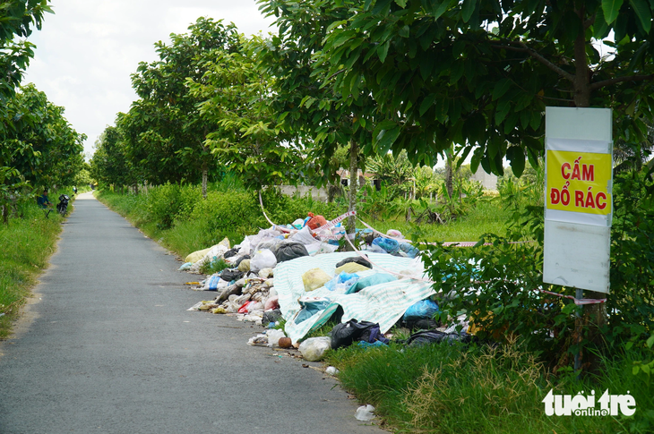 Rác tập trung hai bên đường tại huyện Ba Tri. Tại đây dù có biển cấm đổ rác và thậm chí có lực lượng dân phòng túc trực nhưng rác vẫn bị đổ lén tràn ra đường 
