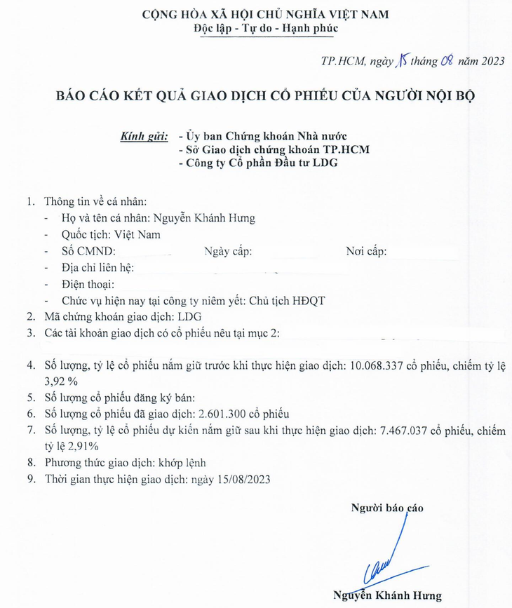 Chủ tịch Nguyễn Khánh Hưng báo cáo kết quả giao dịch cổ phiếu LDG sau khi "bán chui". Mục "số lượng cổ phiếu đăng ký bán" bị bỏ trống.