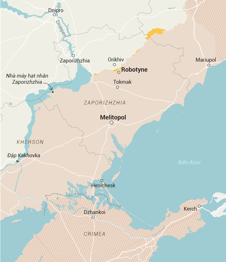 Bản đồ khu vực phía đông Ukraine cho thấy làng Robotyne, thị trấn Orikhiv và thành phố Tokmak có vị trí chiến lược quan trọng - Đồ họa: WASHINGTON POST/NGỌC ĐỨC chuyển ngữ