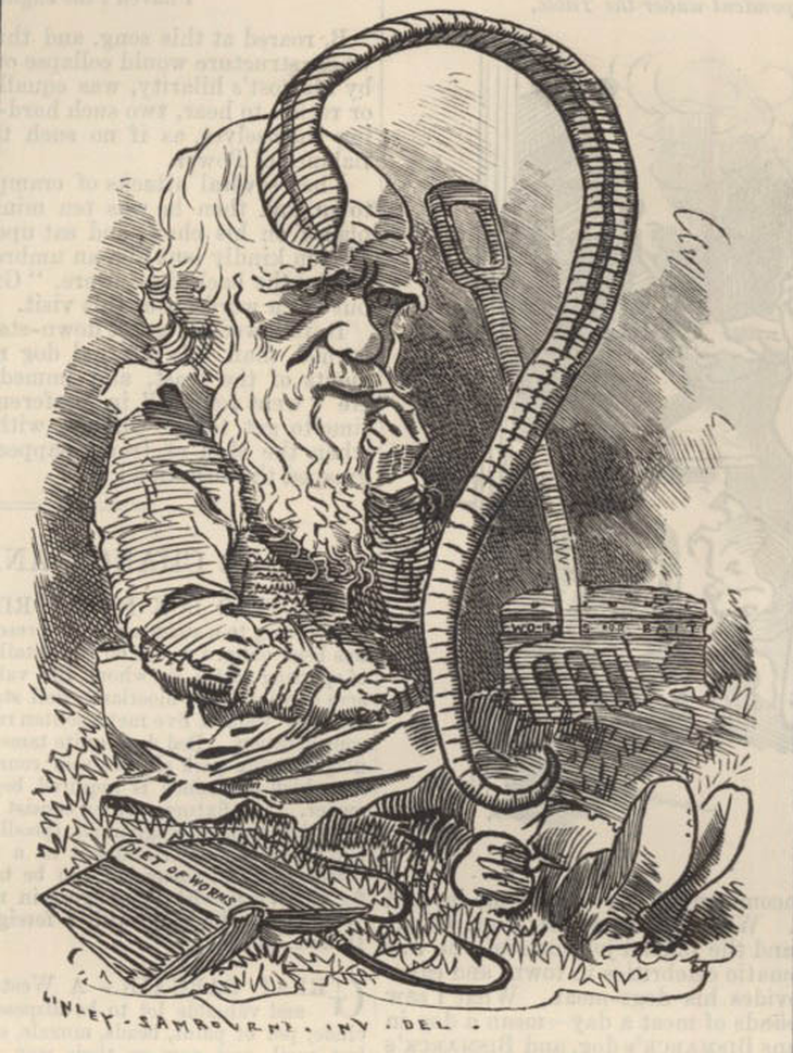 Biếm họa về Darwin và giun đất trong sách Punch’s Fancy Portraits (1881)