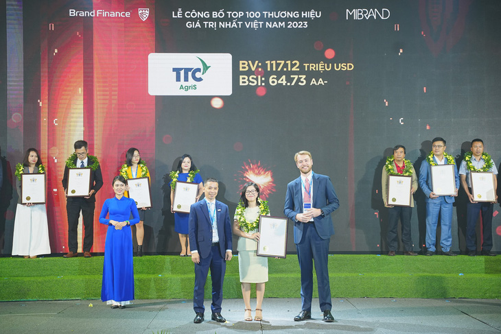 Bà Đoàn Vũ Uyên Duyên - Phó Tổng Giám đốc Phát triển quốc tế đại diện TTC AgriS nhận chứng nhận từ Brand Finance cho danh sách danh giá “Top 100 Thương hiệu giá trị nhất Việt Nam 2023”. Ảnh: Đ.H