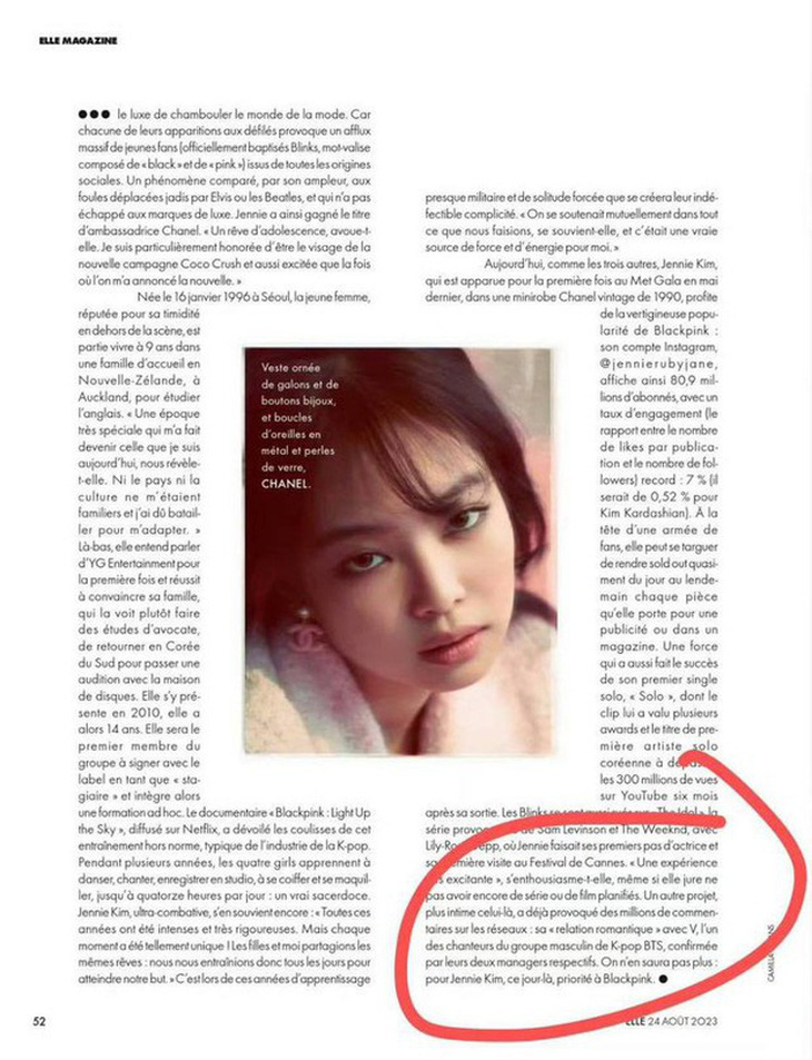 Bài viết về Jennie trên tạp chí Elle có trích dẫn thông tin cho biết chuyện hẹn hò của nữ thần tượng với V (BTS) đã được công ty quản lý hai bên xác nhận