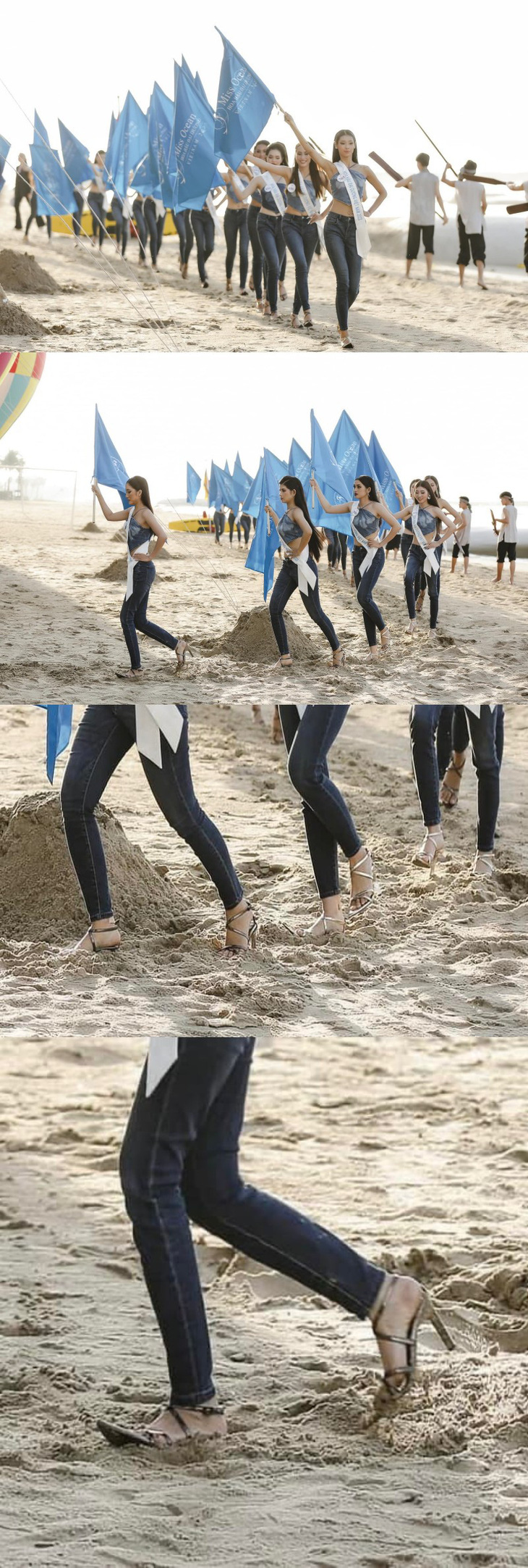 Dàn thí sinh chào sân bằng màn trình diễn catwalk trên cát với giày cao gót