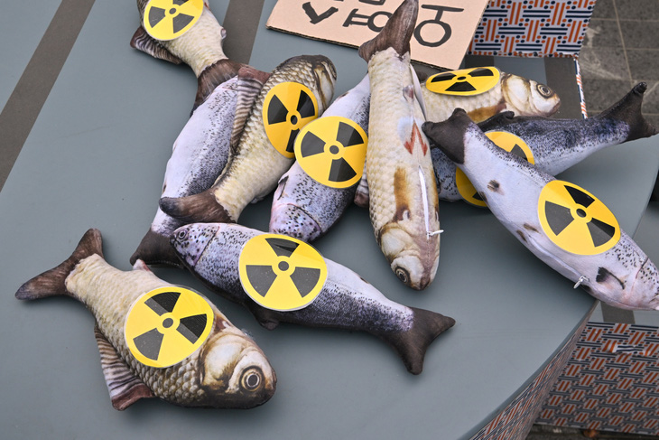 Búp bê hình cá cùng biểu tượng phóng xạ được sử dụng trong cuộc biểu tình phản đối việc Tokyo xả nước nhiễm phóng xạ đã qua xử lý ra biểu của người dân Seoul (Hàn Quốc) hôm 24-8 - Ảnh: AFP