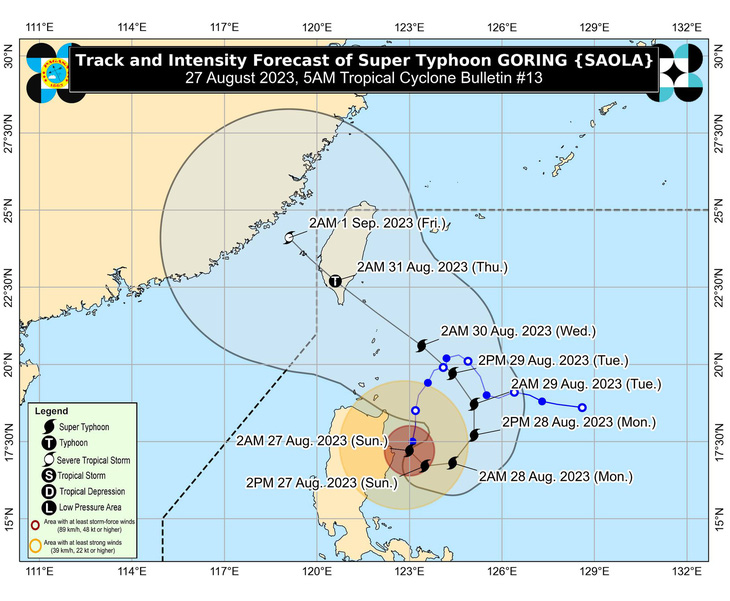 Dự báo của Pagasa về vị trí và hướng di chuyển bão Saola - Ảnh: Pagasa