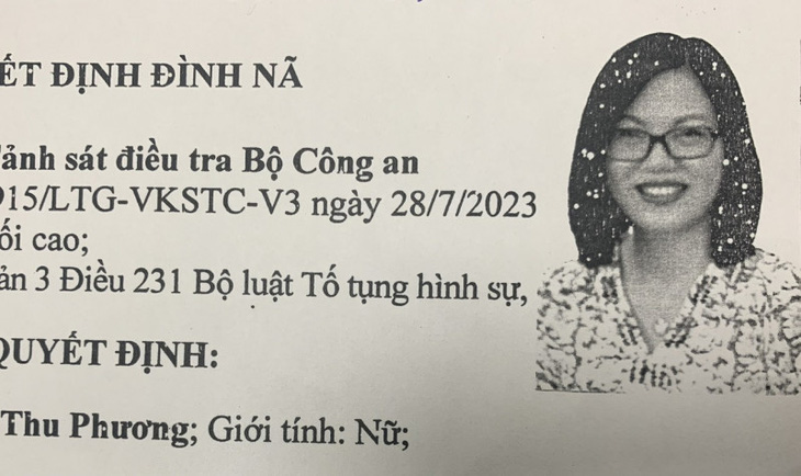 Quyết định đình nã Nguyễn Thị Thu Phương (trưởng bộ phận thư ký tài chính của Công ty AIC) - Ảnh: CACC