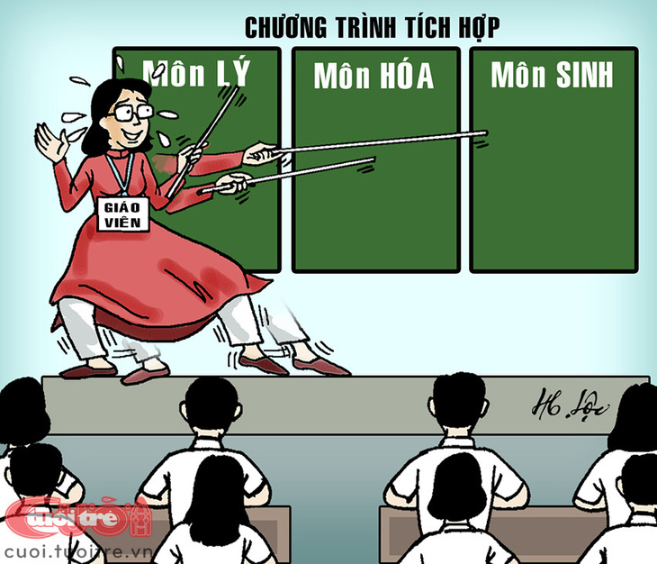 Giáo viên siêu nhân dạy môn tích hợp - Tranh biếm họa của Hữu Lộc 
