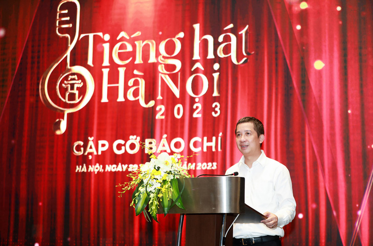Ông Nguyễn Kim Khiêm - tổng giám đốc, tổng biên tập Đài Hà Nội - chia sẻ thông tin về cuộc thi Tiếng hát Hà Nội 2023 - Ảnh: BTC