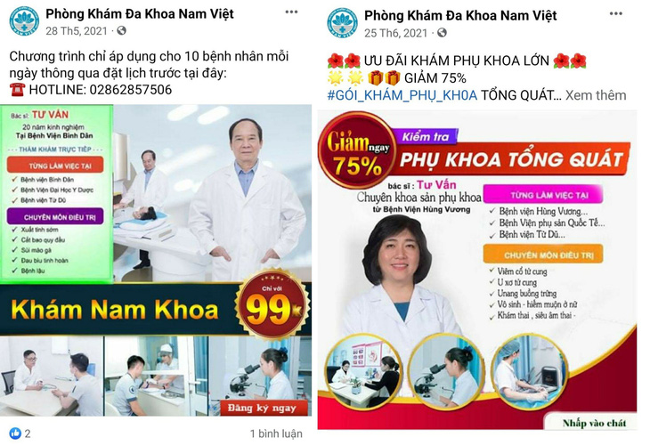 Phòng khám này quảng cáo rầm rộ, đặc biệt giới thiệu có các bác sĩ tư vấn về nam khoa đến từ Bệnh viện Bình Dân và sản khoa đến từ Bệnh viện Hùng Vương - Ảnh: HOÀNG LỘC chụp lại