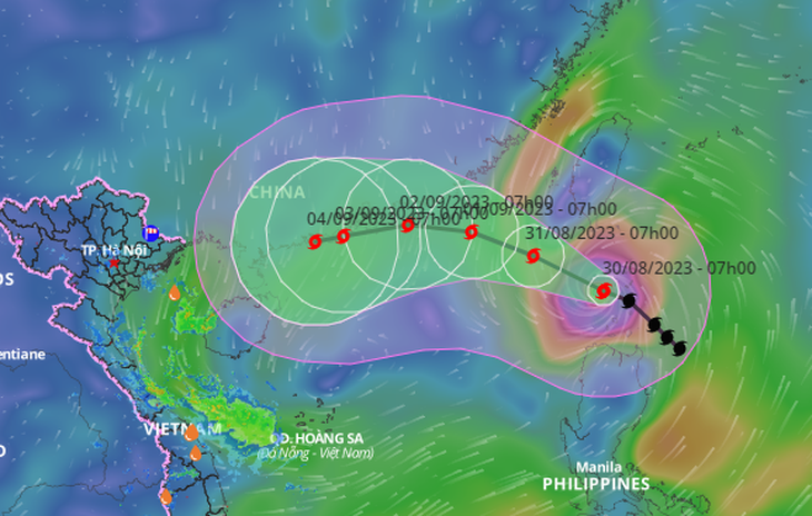 Dự báo đường đi bão Saola lúc 8h sáng nay của Trung tâm Dự báo khí tượng thủy văn quốc gia - Ảnh: VNDMS