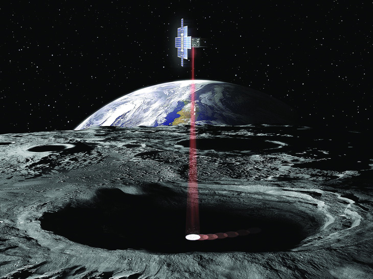 Minh họa việc "rọi đèn pin" tìm nước trên Mặt trăng của NASA.
