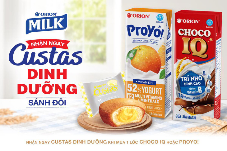 Trong mùa tựu trường, khi mua sữa “Choco IQ” hoặc “ProYo!” các bạn học sinh, sinh viên sẽ được tặng thêm bánh Custas. Ảnh: Orion