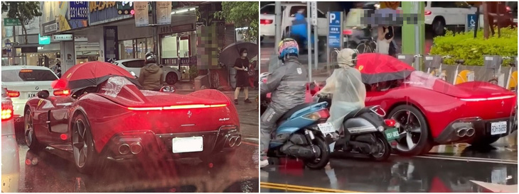 Hình ảnh tài xế Ferrari vừa lái xe vừa cầm ô khiến cư dân mạng sôi nổi bàn tán - Ảnh: Facebook