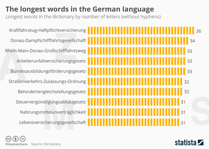 Những từ dài nhất trong tiếng Đức. Một nửa số này là từ chỉ các nội quy, đạo luật...
