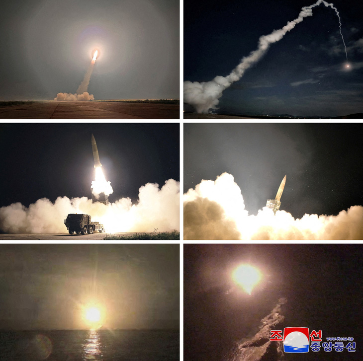 Tên lửa từ đơn vị tác chiến hạt nhân chiến thuật quận phía Tây của quân Triều Tiên được phóng tại một địa điểm không được tiết lộ ở Triều Tiên - Ảnh: KCNA