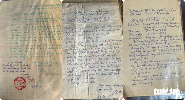 Ba tờ giấy xin và được UBND xã Nam Dong cấp mỗi cô giáo 1.000m2 đất vào năm 1992 - Ảnh: TRUNG TÂN