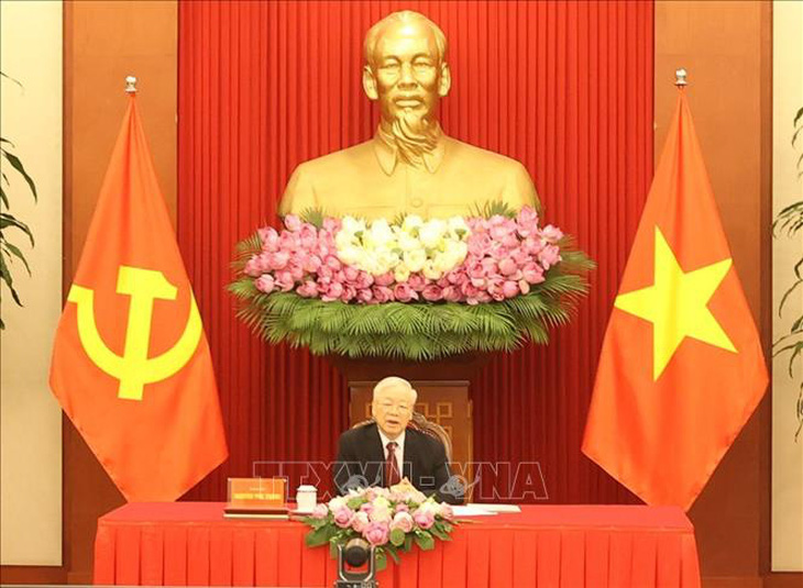 Chiều 5-8-2023, tại trụ sở Trung ương Đảng, Tổng bí thư Nguyễn Phú Trọng điện đàm với Chủ tịch Đảng Nhân dân Campuchia, Thủ tướng Chính phủ Vương quốc Campuchia Hun Sen - Ảnh: TTXVN