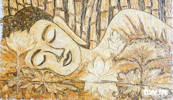Ít ai ngờ rằng bức tranh Đức Phật này được làm từ vỏ cây tràm sinh sống ở vùng miệt thứ An Minh - Ảnh: CHÍ CÔNG