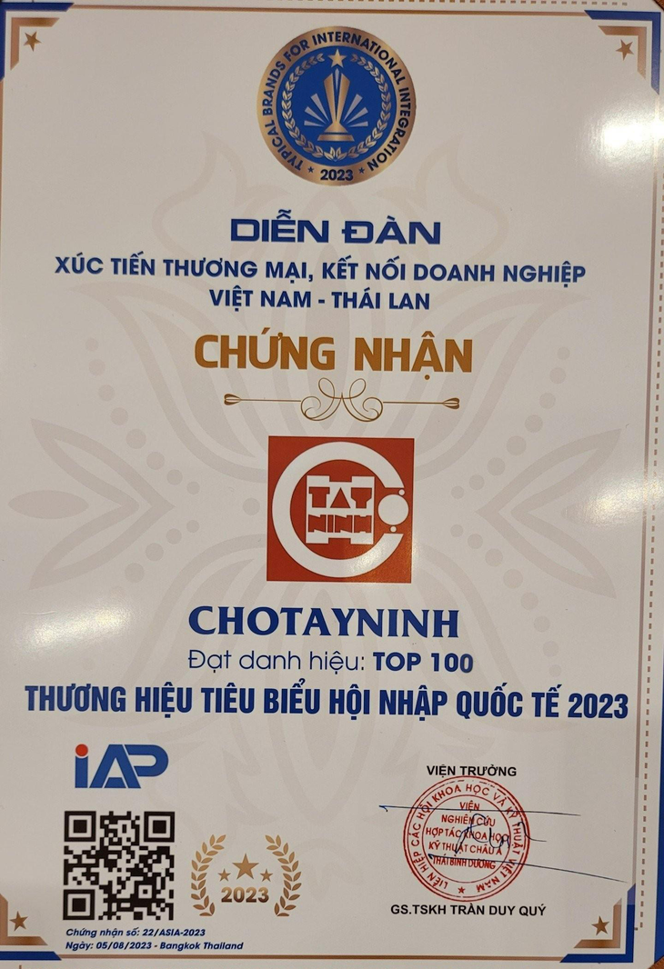 Chotayninh nhận giải thưởng Top 100 thương hiệu tiêu biểu hội nhập quốc tế 2023. - Ảnh 2.