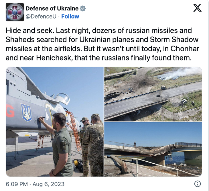 Bài đăng trên tài khoản Twitter của Bộ Quốc phòng Ukraine ngày 6-8: &quot;Trốn và tìm. Đêm qua, hàng chục tên lửa và (drone) Shahed của Nga đã tìm kiếm máy bay và tên lửa Storm Shadow của Ukraine. Nhưng tới hôm nay người Nga mới tìm thấy chúng tại Chonhar và gần Henichesk&quot; - Ảnh chụp màn hình Twitter